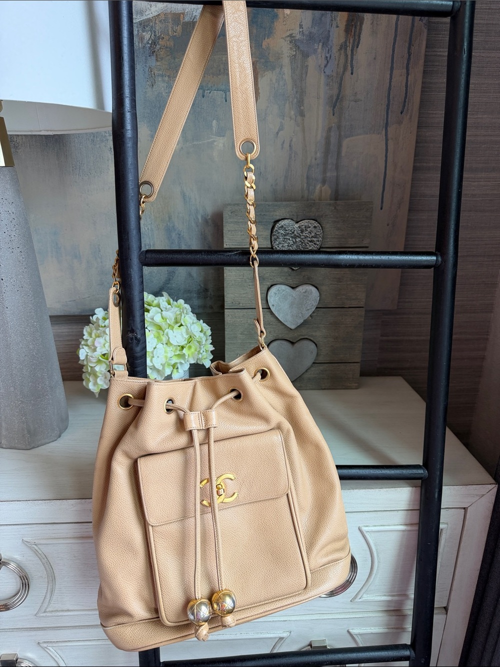 CHANEL Beige Drawstring Hobo with Gold Chain Detail